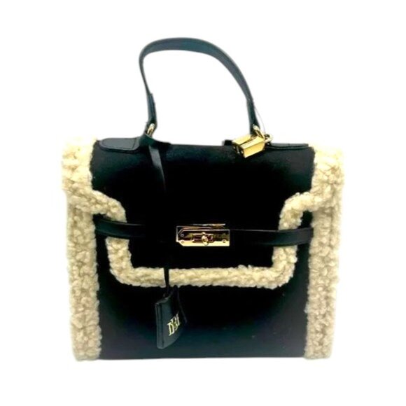 Badgley Mischka NEW Black Suede Like Fur Trimmed Satchel Working Lock & Key $159 - Picture 3 of 11